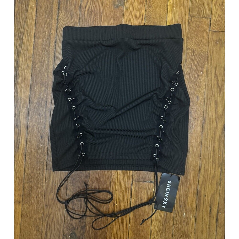SHEIN Black Mini Skirt front Tie Up Size Small NWT
